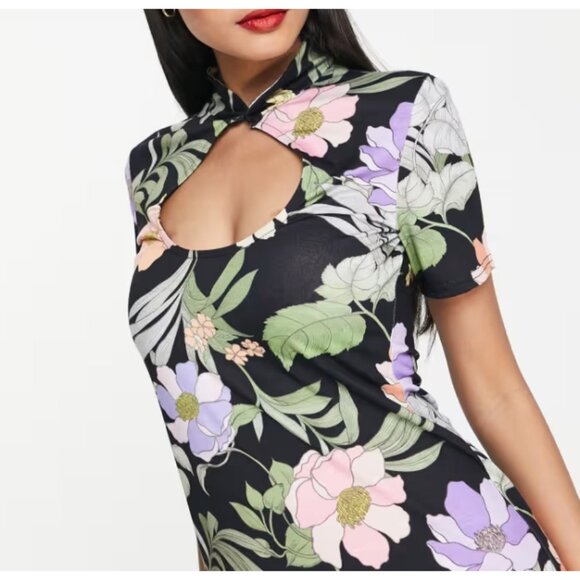 ASOS Keyhole Midi Sketchy Floral Print Asian Chinese Oriental Japanese Cut-Out 4 - Picture 3 of 10